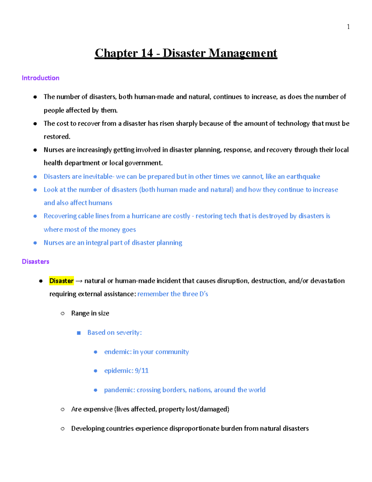 Chapter 14 Notes- Disaster Management Updated - Chapter 14 - Disaster ...