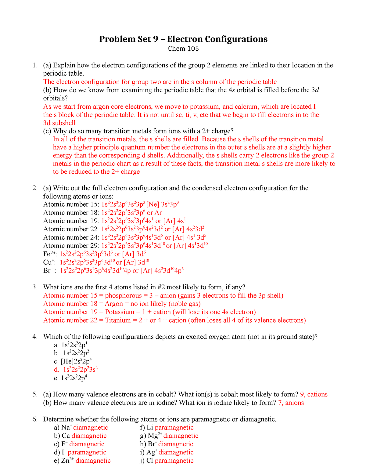 CHEM 21 Problem Set 21&21 - Problem Set 21 – Electron In Electron Configurations Worksheet Answer Key