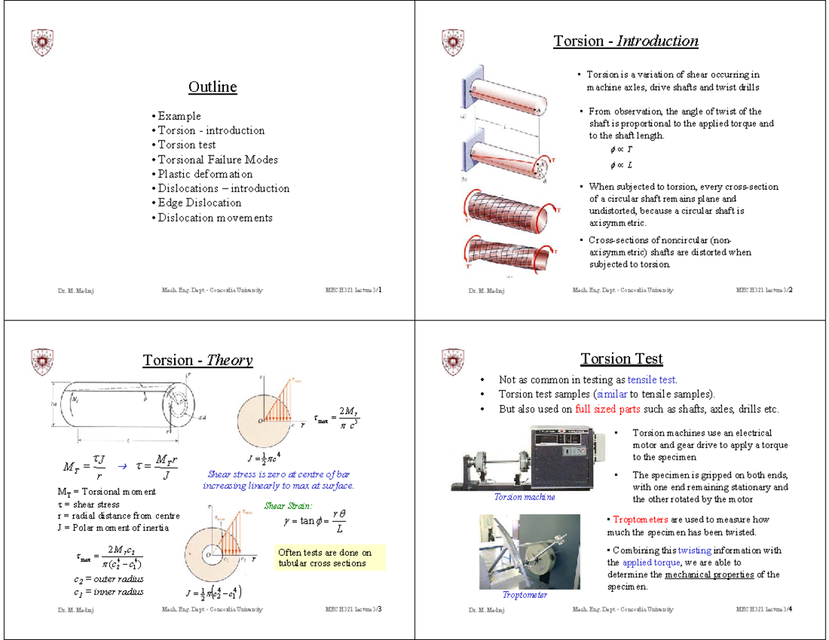 Lecture 3 Torsion And Dislocations - Torsion - Introduction • Torsion ...