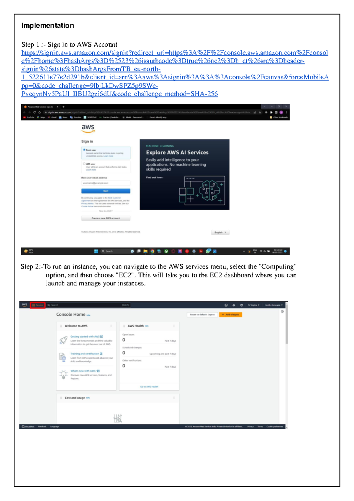 CC Printout Implementation Step 1 Sign in to AWS Account signin