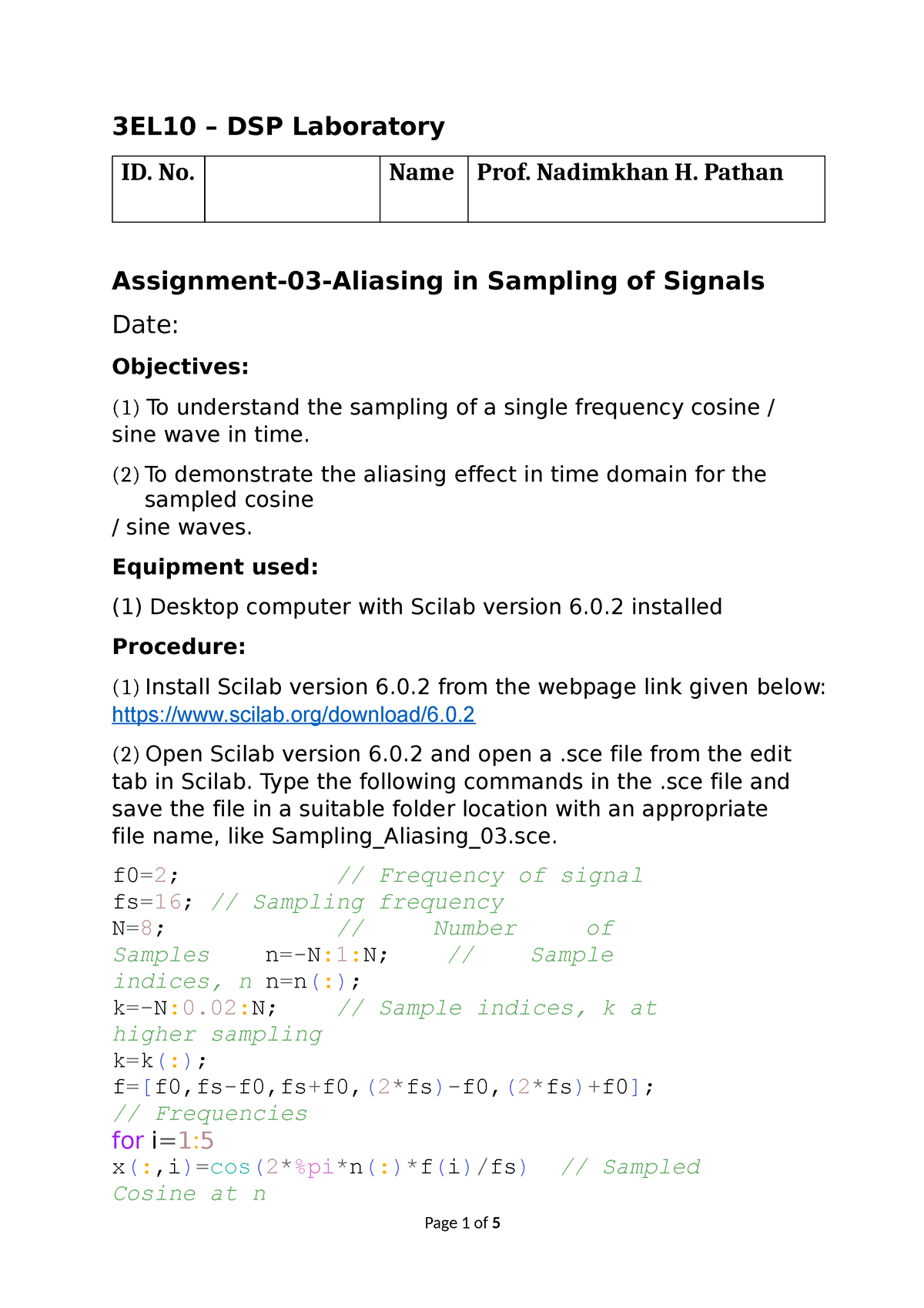 Assignment 03-Sampling Aliasing - Page 1 Of 5 3EL10 – DSP Laboratory ID ...