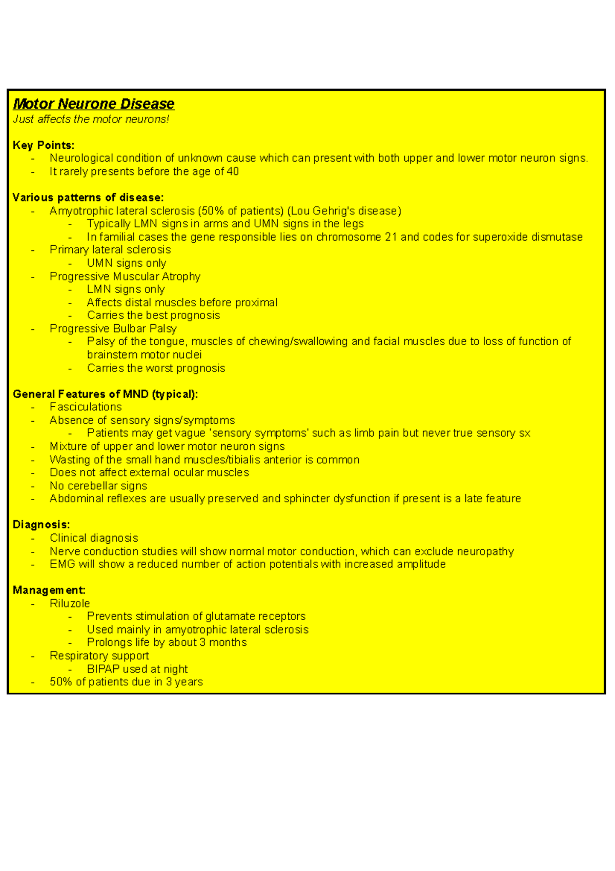 Motor Neurone Disease - Lecture notes Year 4 Neurology - Motor Neurone ...