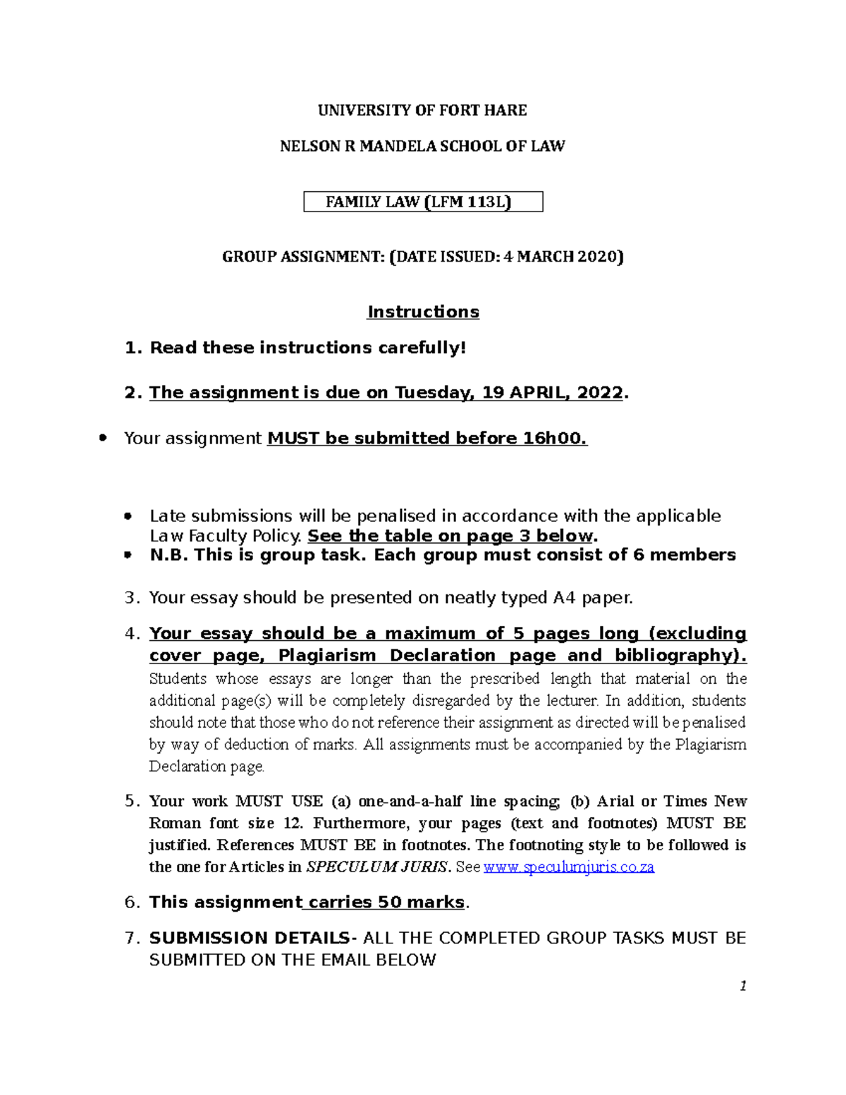 Family Law Assignment 2022 - UNIVERSITY OF FORT HARE NELSON R MANDELA ...