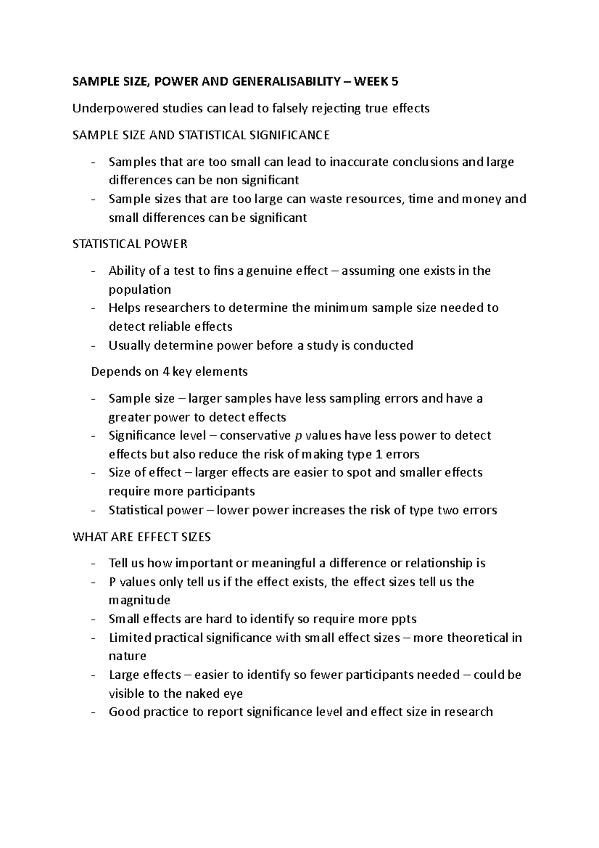 Week 5 quant SAMPLE SIZE, POWER AND GENERALISABILITY WEEK 5