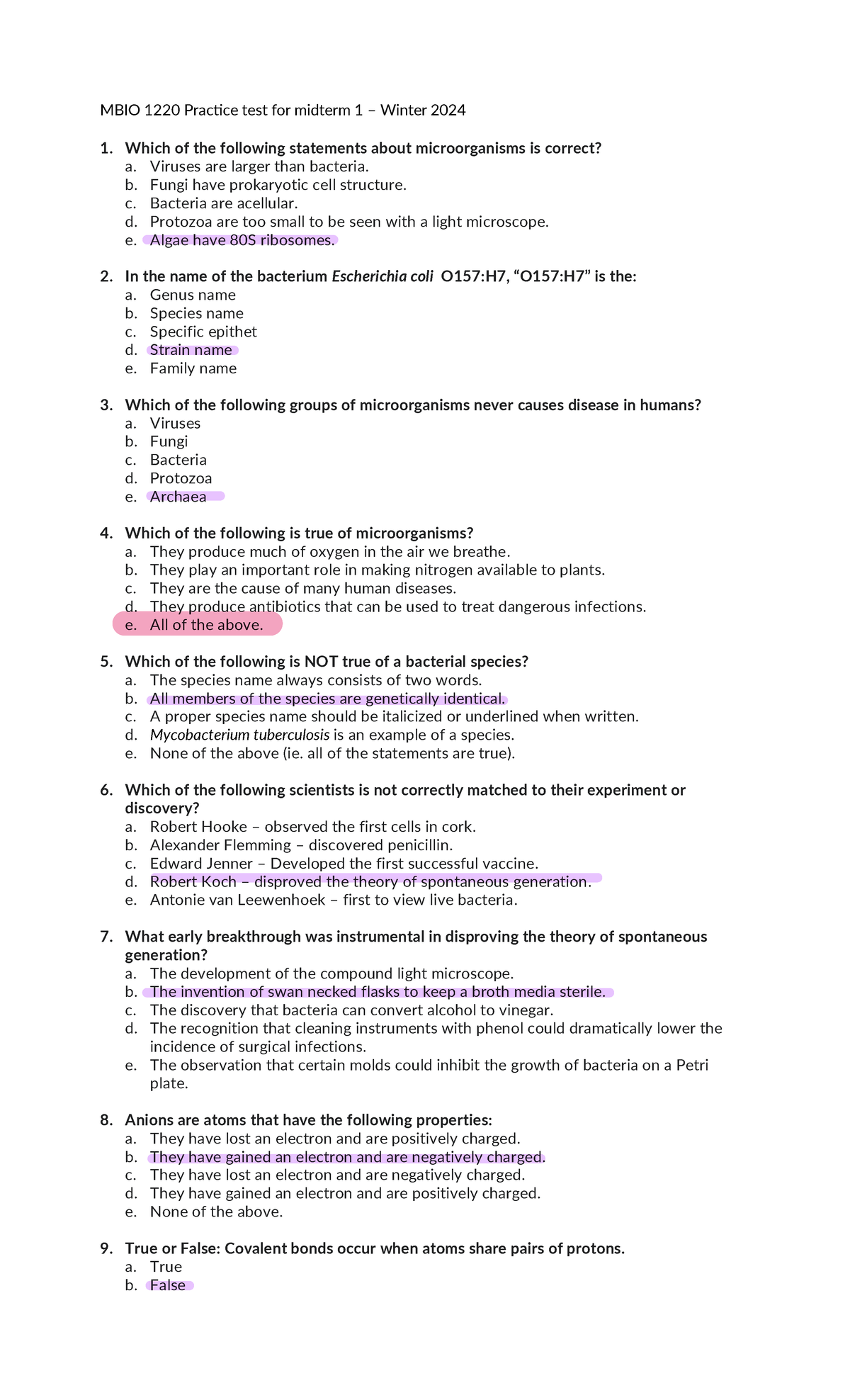 Mbio 1220 Practice Test - W24 - Mbio 1220 Pracঞce Test For Midterm 1 