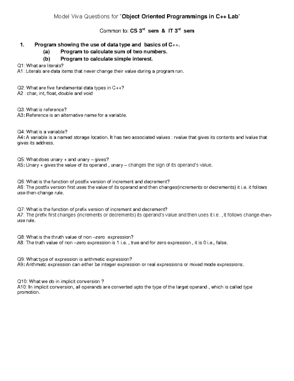 OOPS in C++ viva - Model Viva Questions for “Object Oriented ...