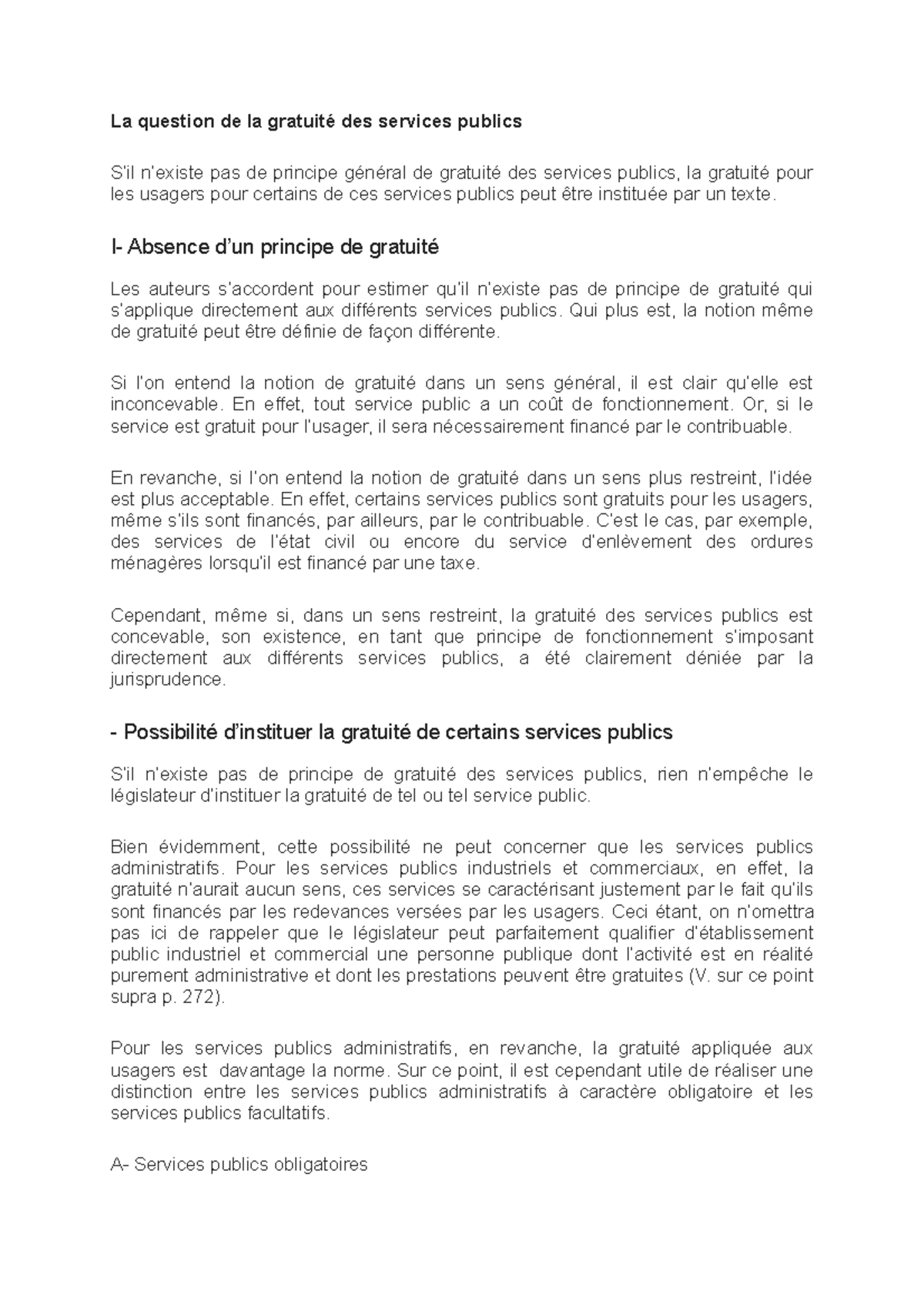 La question de la gratuité des services publics 1 - I- Absence d’un ...
