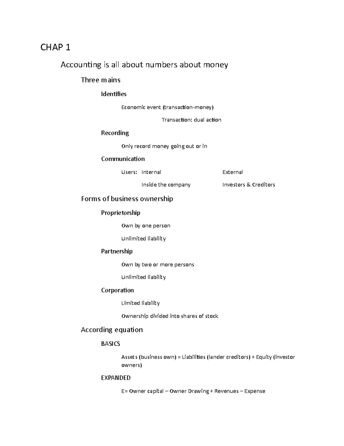 Chap 1-2 - no add - CHAP 1 Accounting is all about numbers about money ...