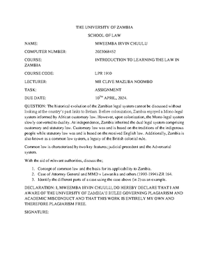 LPR 1900 tutorial homework - THE UNIVERSITY OF ZAMBIA SCHOOL OF LAW ...