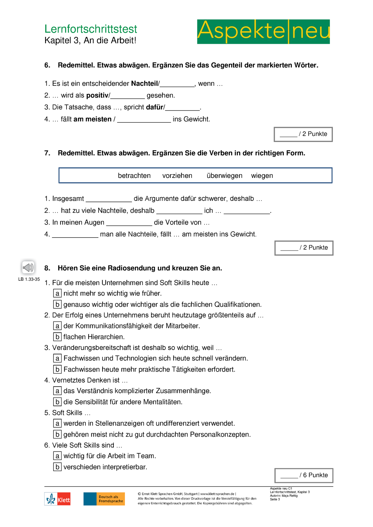 Aspekte-neu C1 Test K3 - Lernfortschrittstest Kapitel 3, An Die Arbeit ...