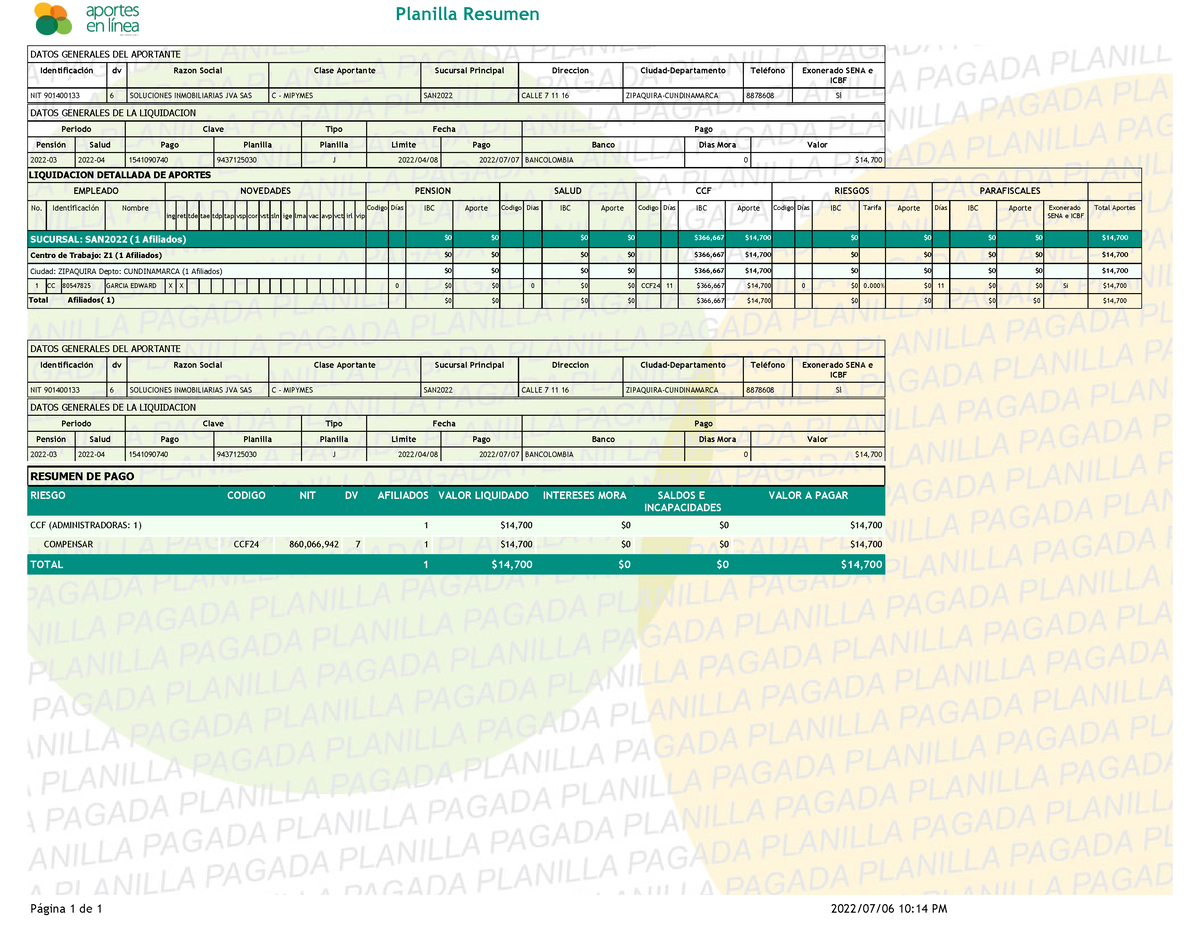 Planilla Retiro Edward Garcia Liquidacion Detallada De Aportes Empleado Novedades Pension 8726