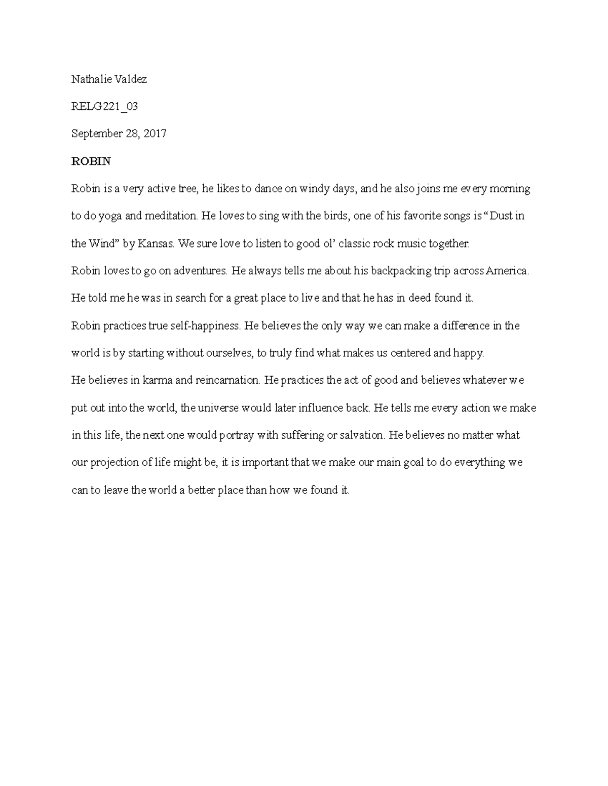Tree journal entry 2 weekly assignments Nathalie Valdez RELG221_03