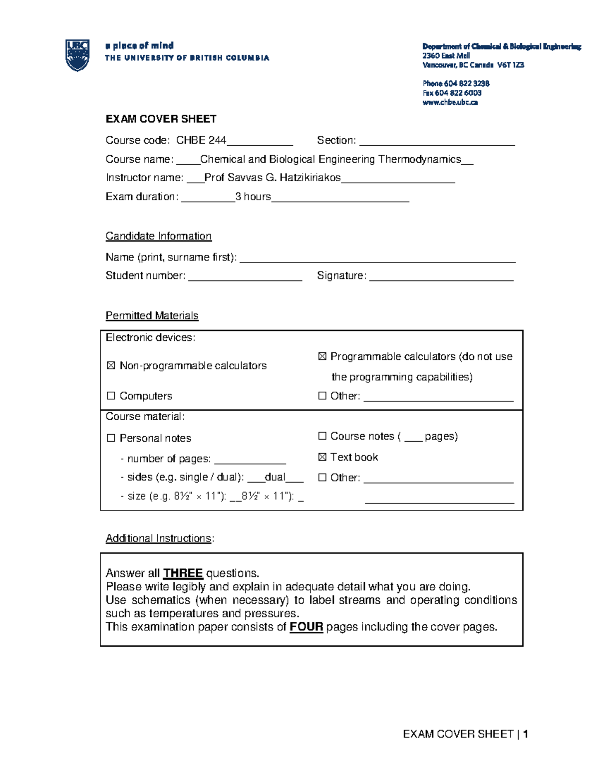 Final 2019 CHBE 244 solutions - EXAM COVER SHEET Course code: CHBE 244 ...