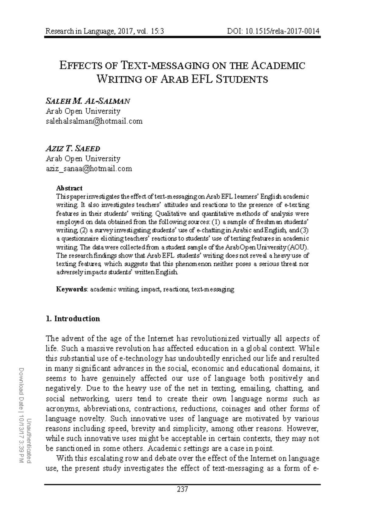 Effects of Text-messaging on the Academic Writing - Research in ...