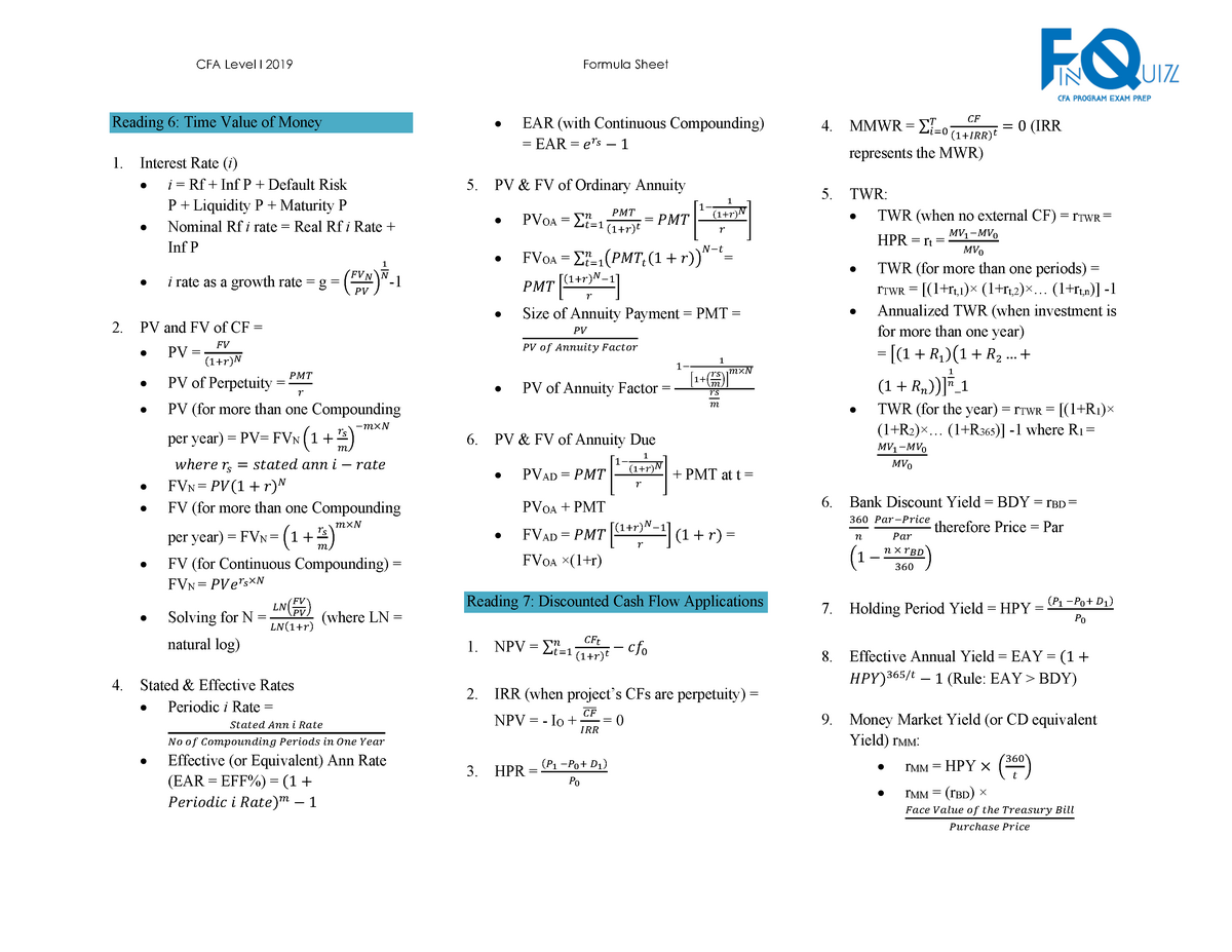 Sample Level I Formula Sheet Studocu