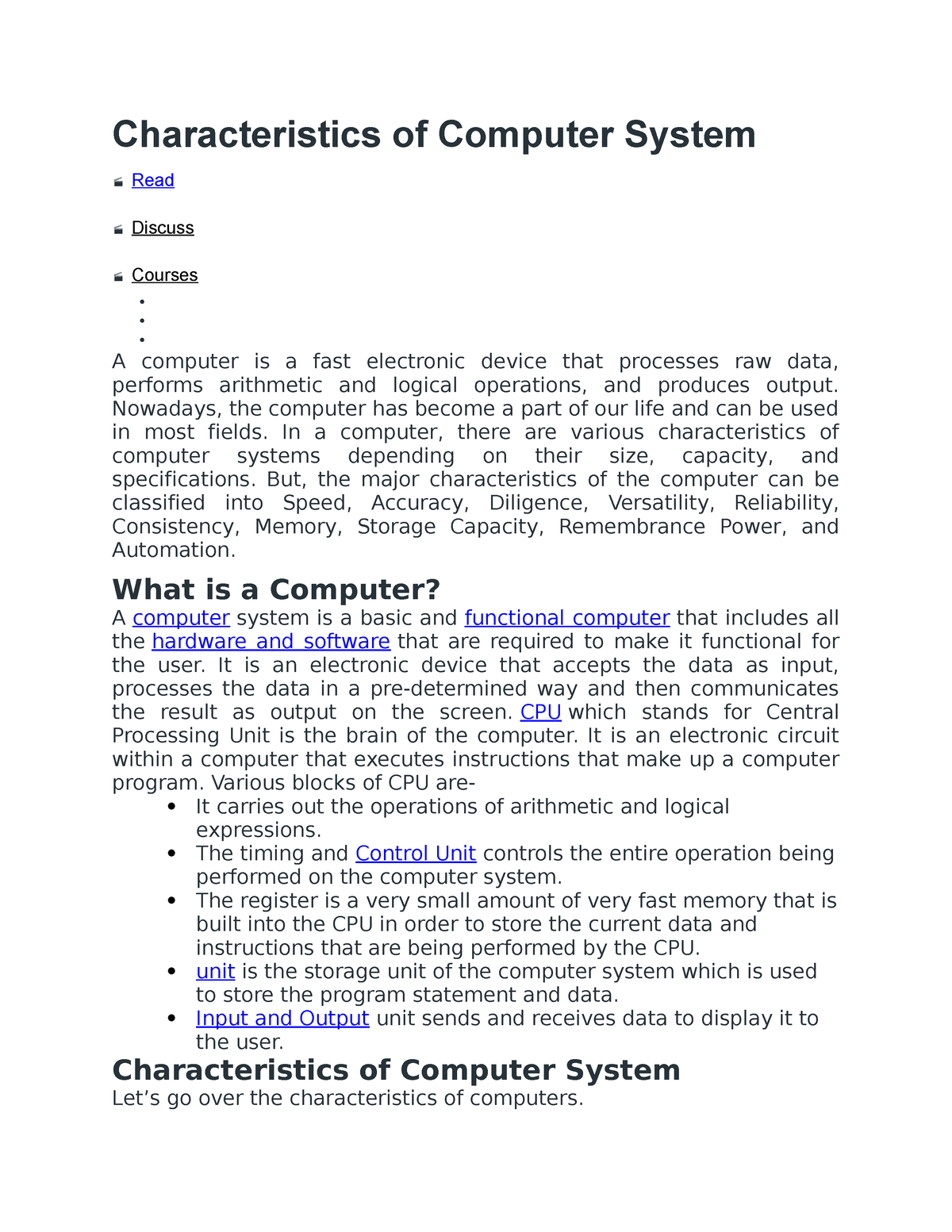 Characteristics of Computer System