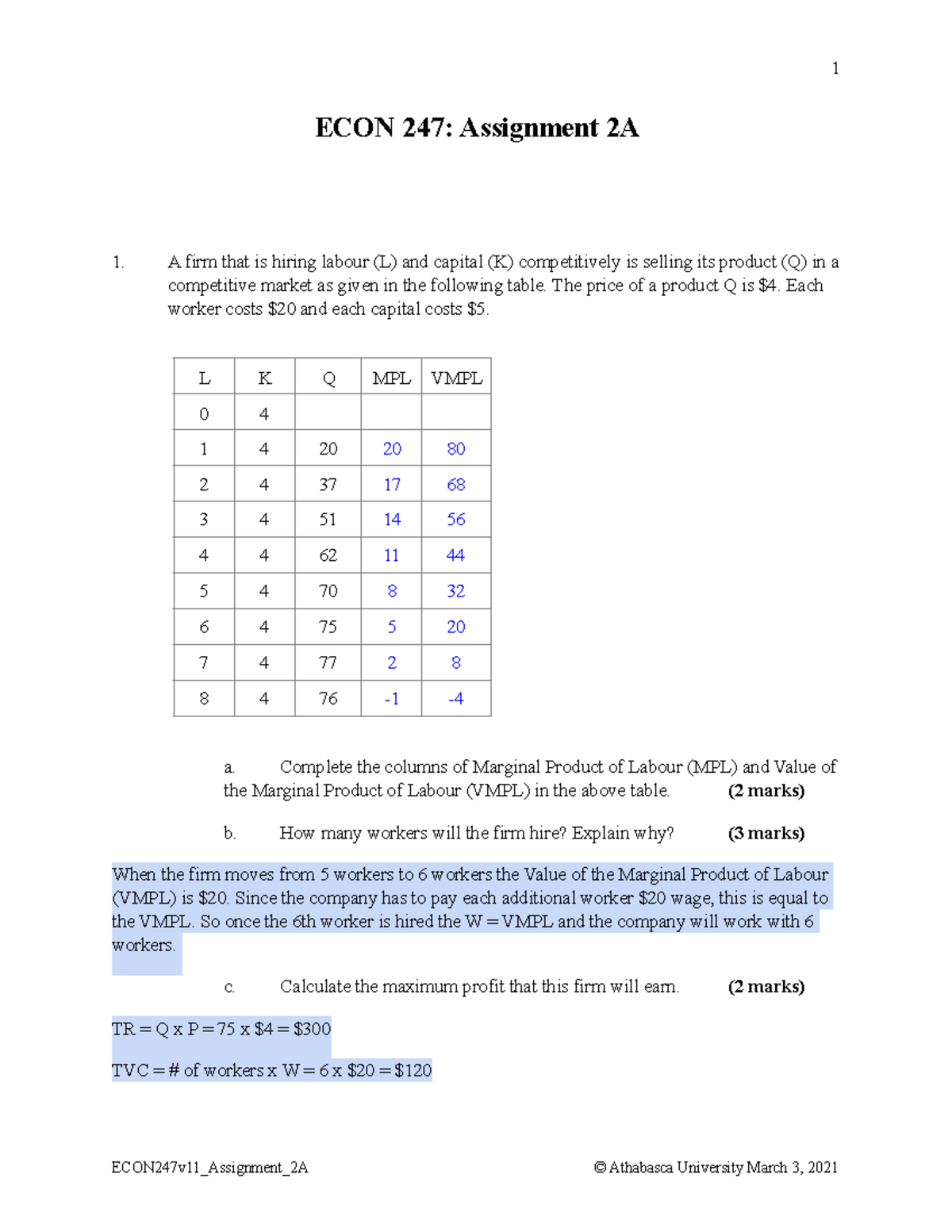 Microeconomics 247 - Assignment 2A - ECON 247: Assignment 2A 1. A firm ...
