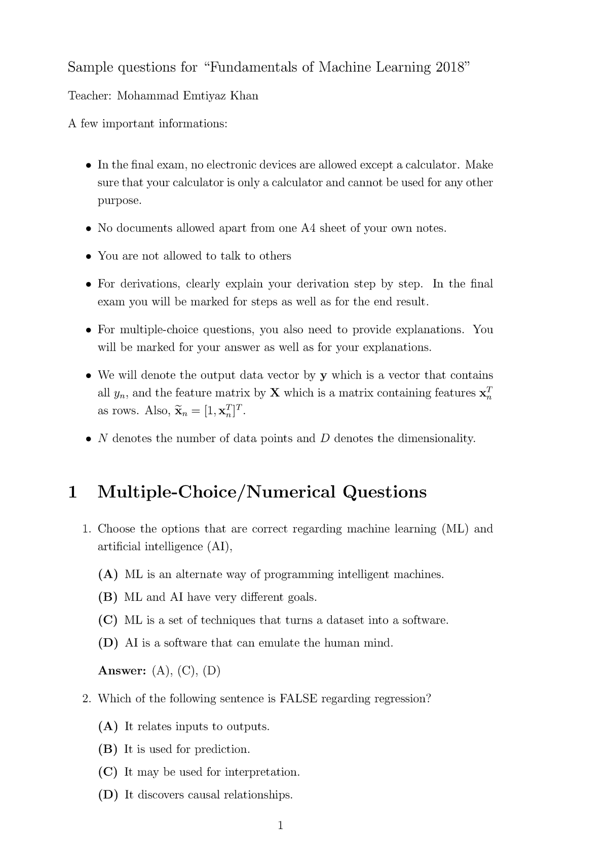 Sample exam answers ML iii StuDocu