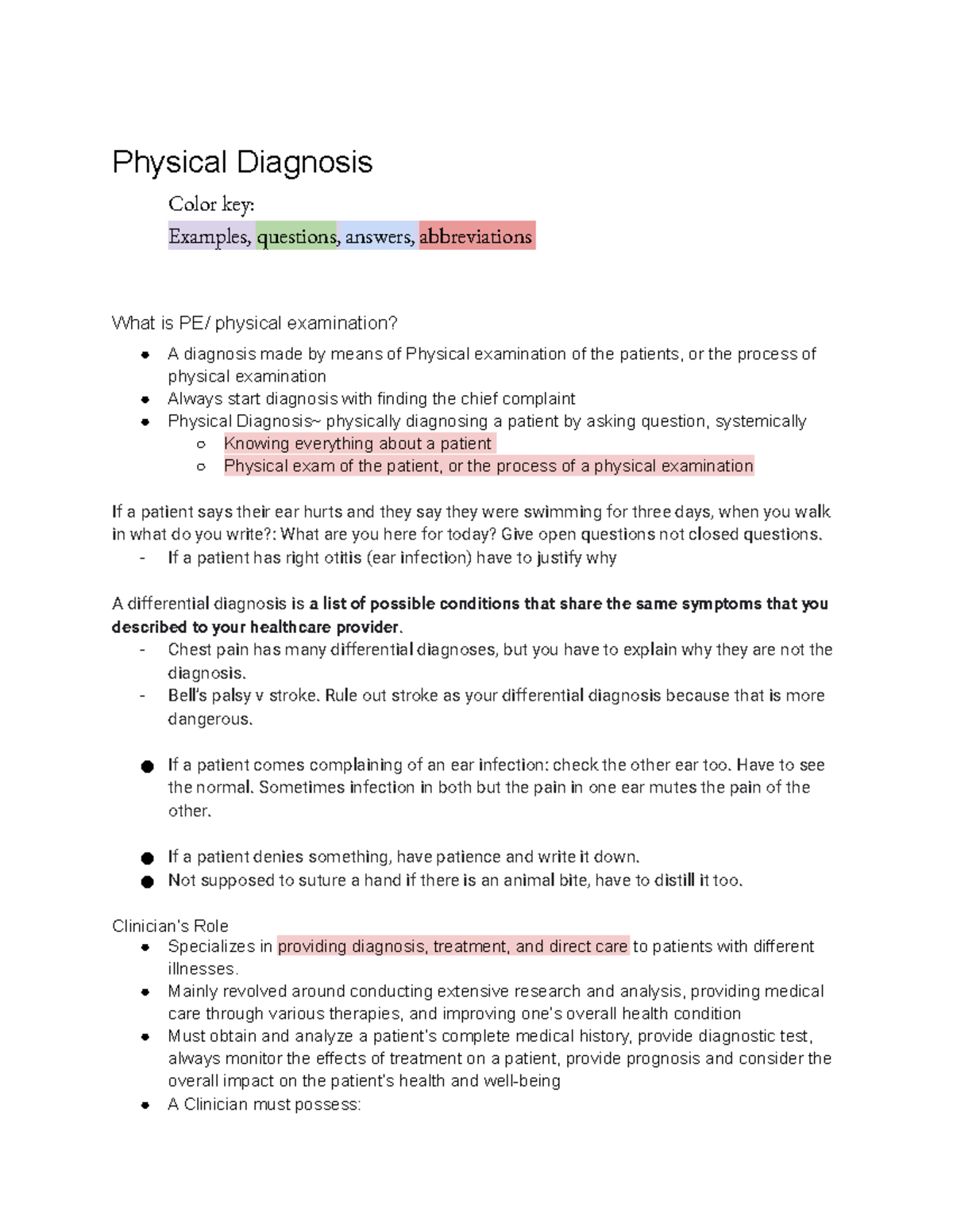 Physical Diagnosis Bates Assessment PA Physical Diagnosis Color key