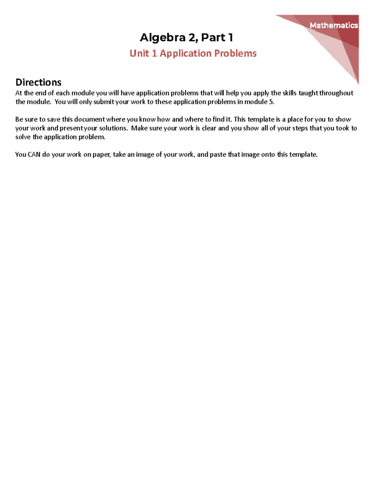 DONE PDF - dwkhkwdkkhdl - Unit 1 Application Problems Directions At the ...