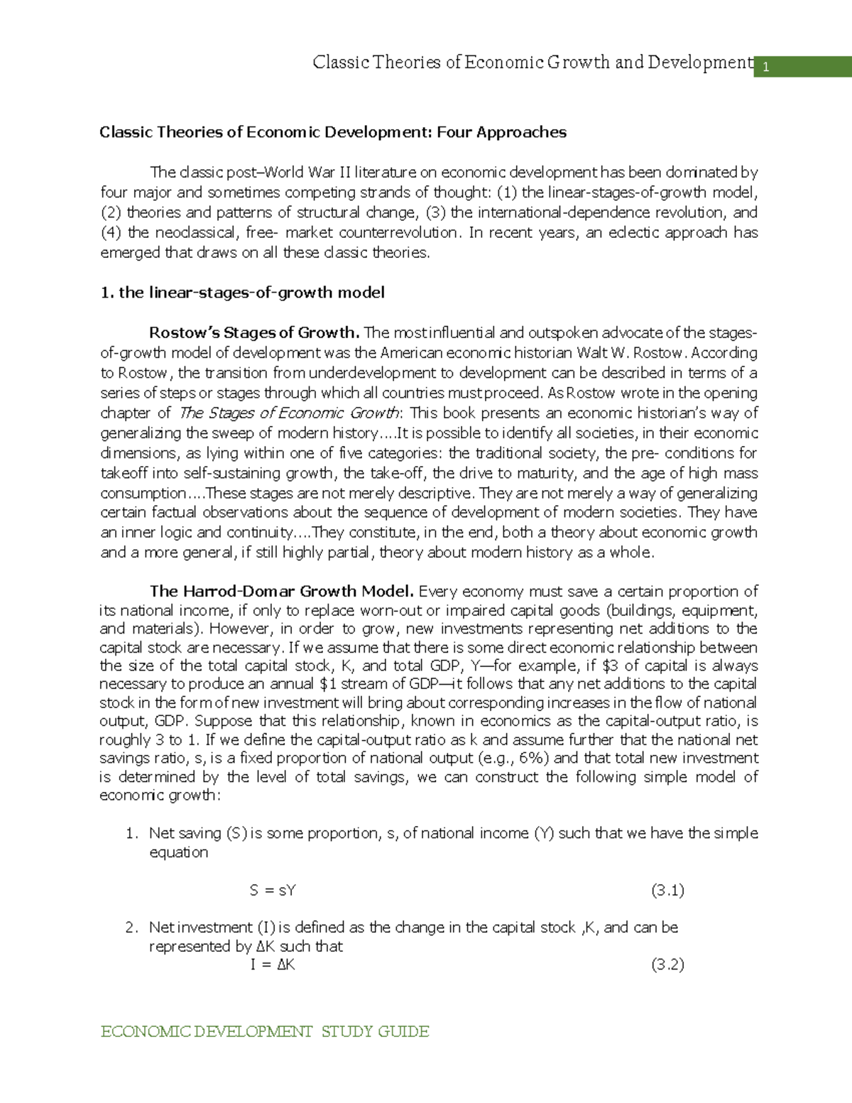 Lesson 3: Economic Development (Four Common Theories of Economic