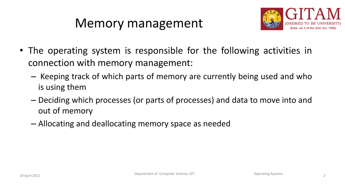 Memory Management Mainmeory - Memory management • The operating system ...