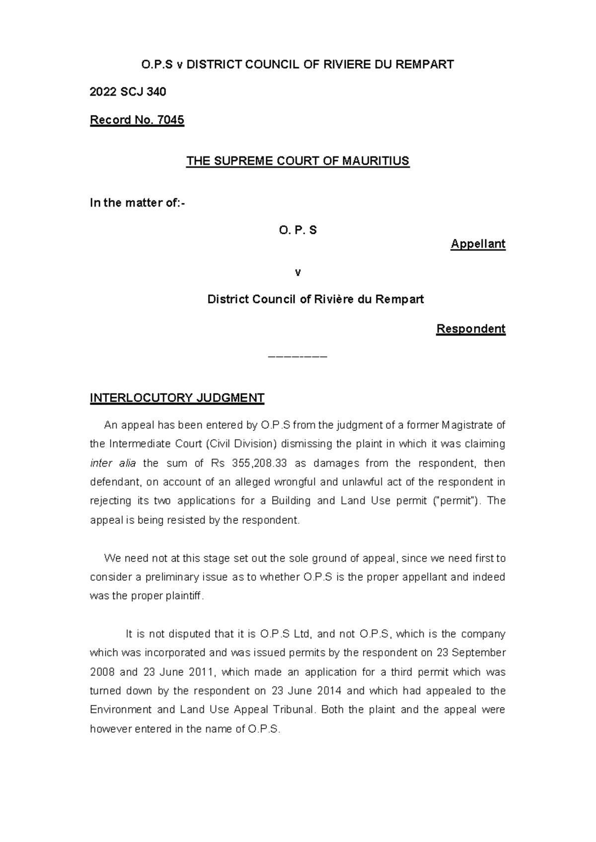 O.P.S v District Council OF Riviere DU Rempart O.P v DISTRICT COUNCIL