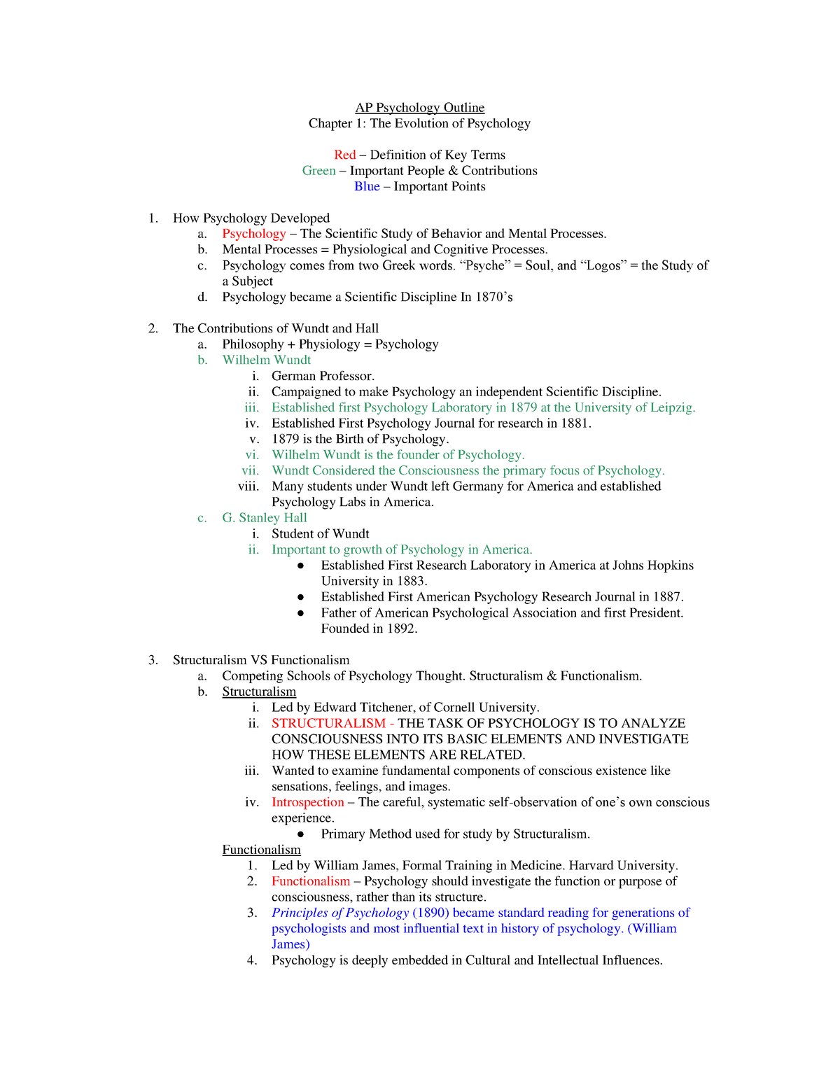 Doc. AP Psych Ch. 01 Outline - AP Psychology Outline Chapter 1: The ...