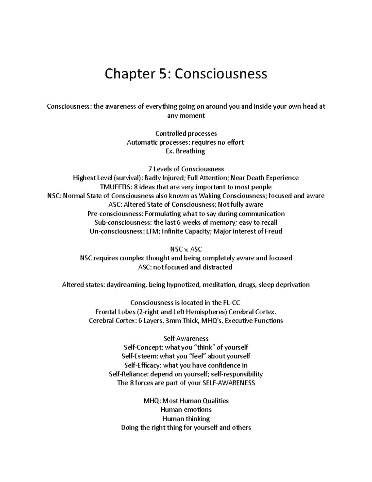 Chapter 5 - Lecture notes week 5 - Chapter 5: Consciousness ...