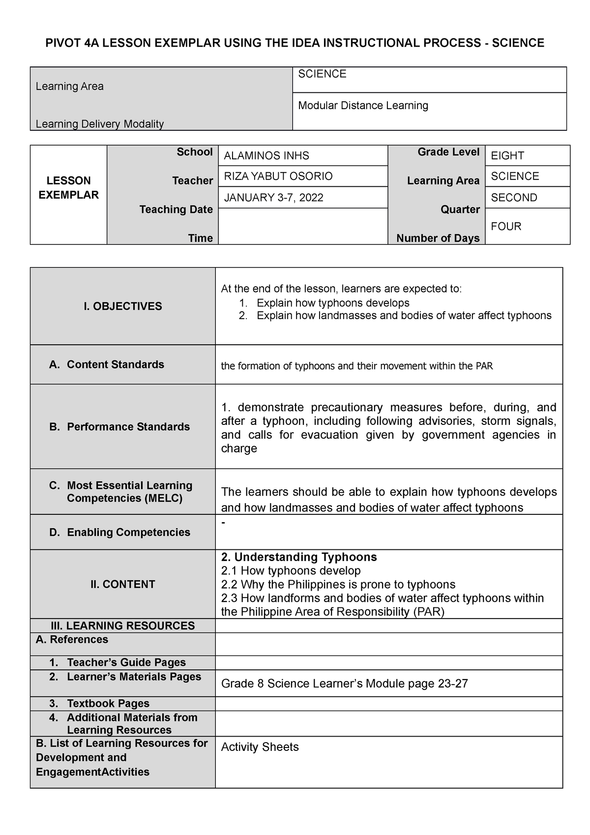 Science 9 Week 7 Lesson Plan Pivot 4a Lesson Exemplar Using The Idea Instructional Process 9501