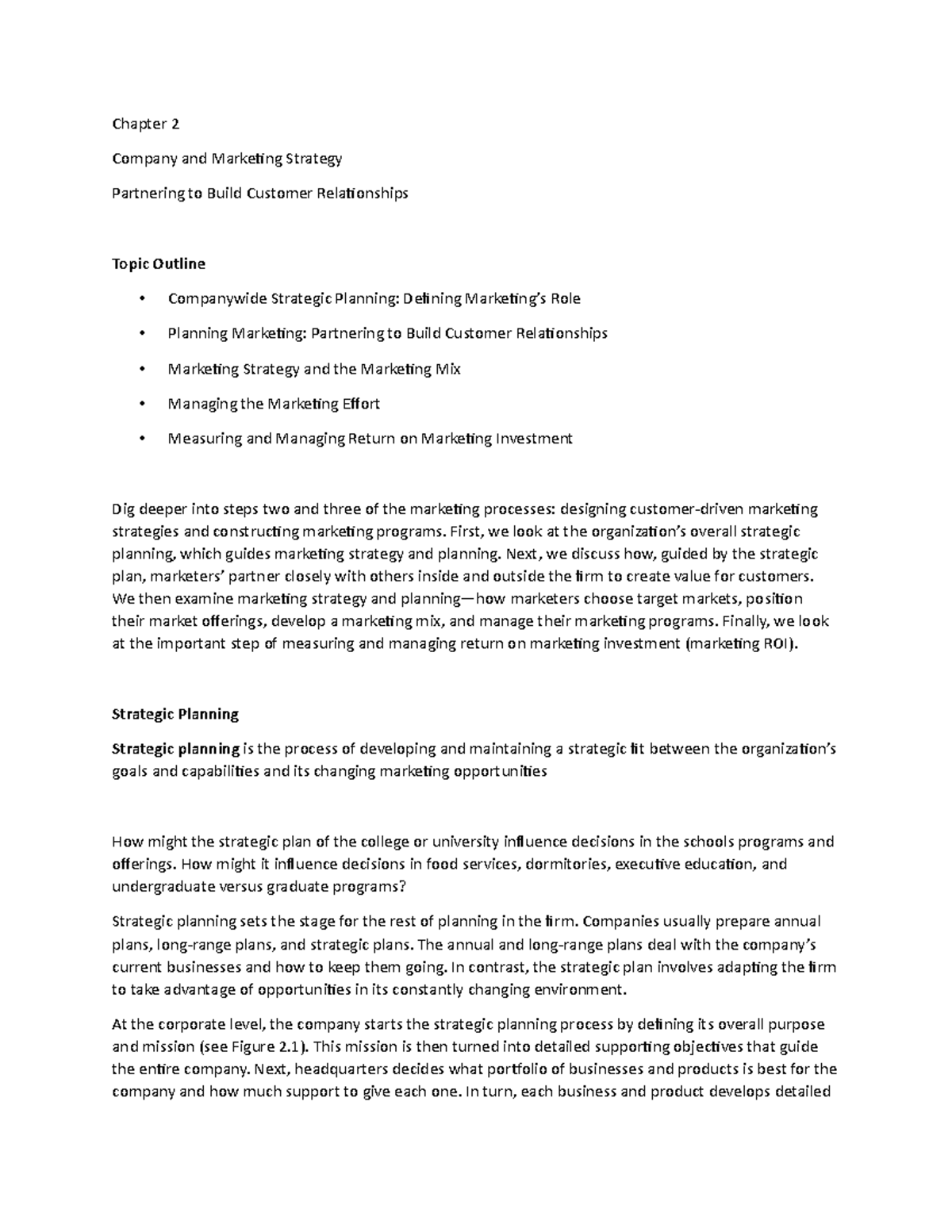 Chapter 2a - Lecture notes 2 - Chapter 2 Company and Marketing Strategy ...