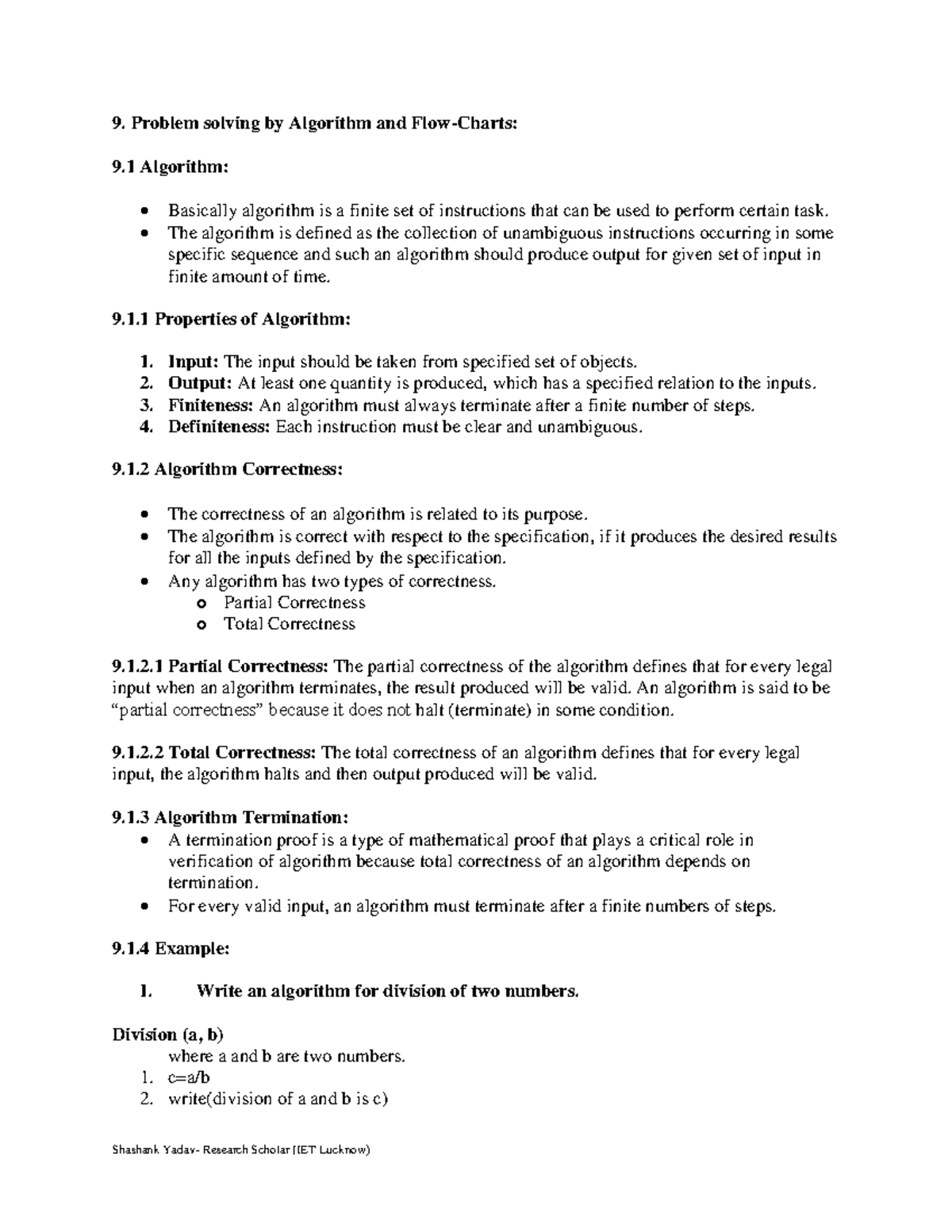 3 JAVA NOTES 9. Problem solving by Algorithm and FlowCharts 9