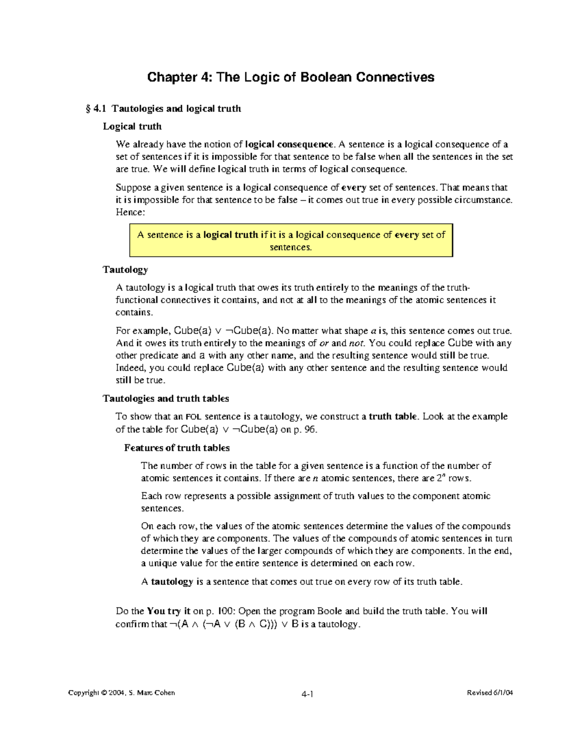 Chapter 4 - zzzzzzzzzzzz - Chapter 4: The Logic of Boolean Connectives ...