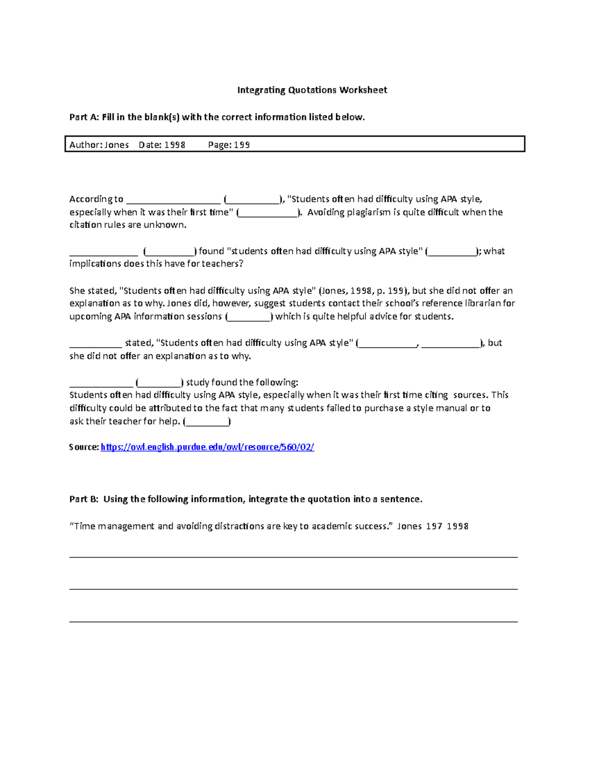 APA Style Practice - assignments - Integrating Quotations Worksheet ...