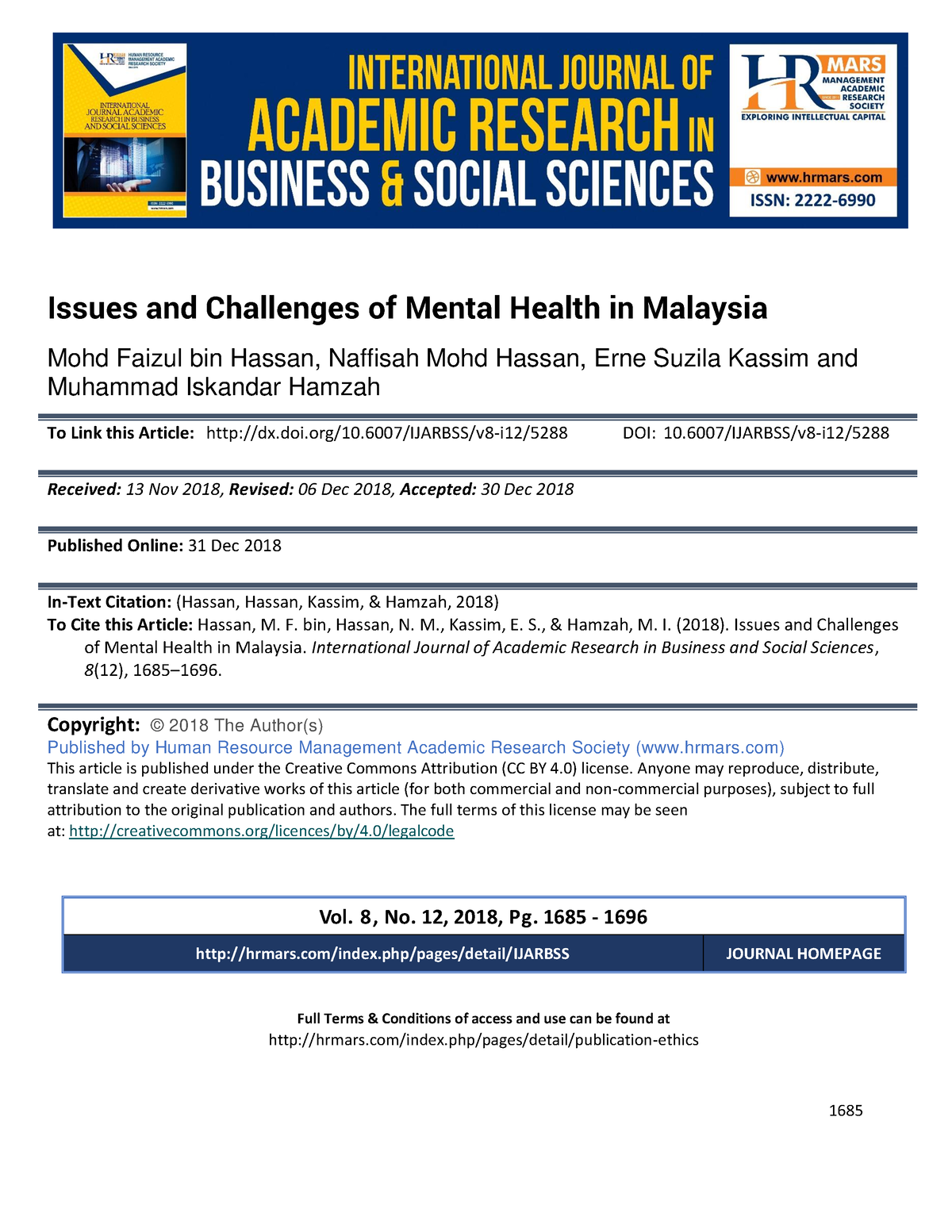 Issues And Challenges Of Mental Health In Malaysia - Vol. 8 , No. 12 ...