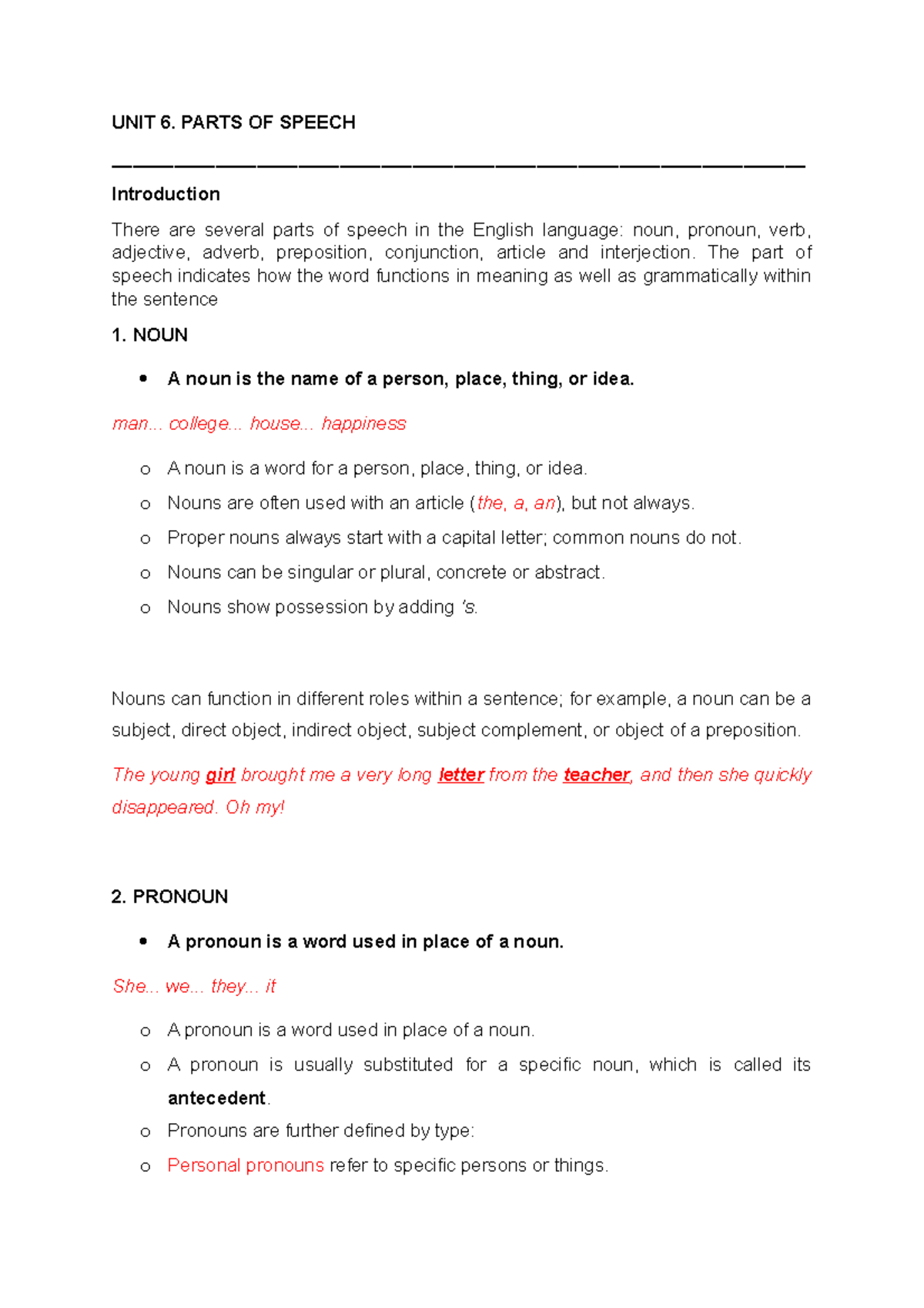 Noun pronoun & articles notes - UNIT 6. PARTS OF SPEECH - Studocu