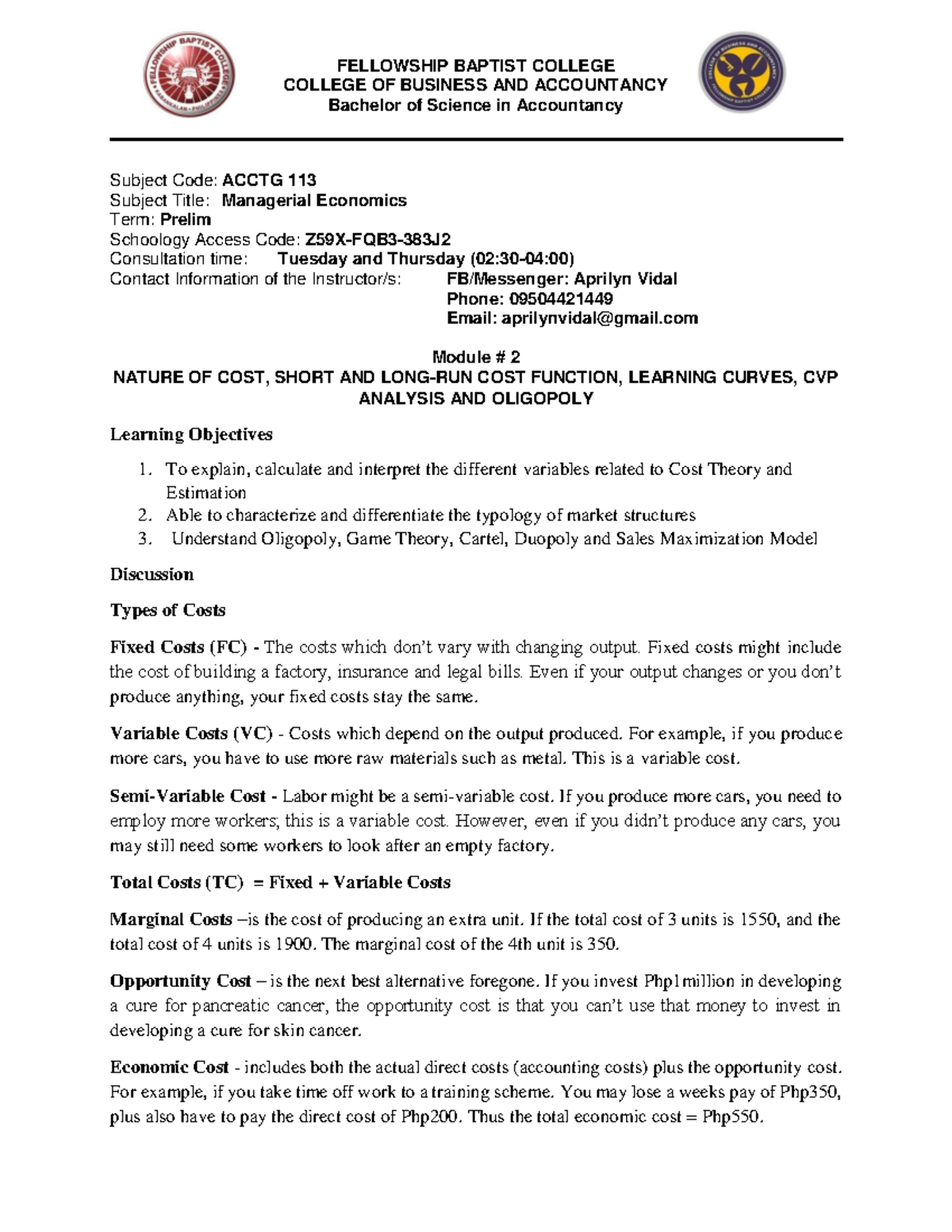 Managerial Economics Module 2 - FELLOWSHIP BAPTIST COLLEGE COLLEGE OF ...