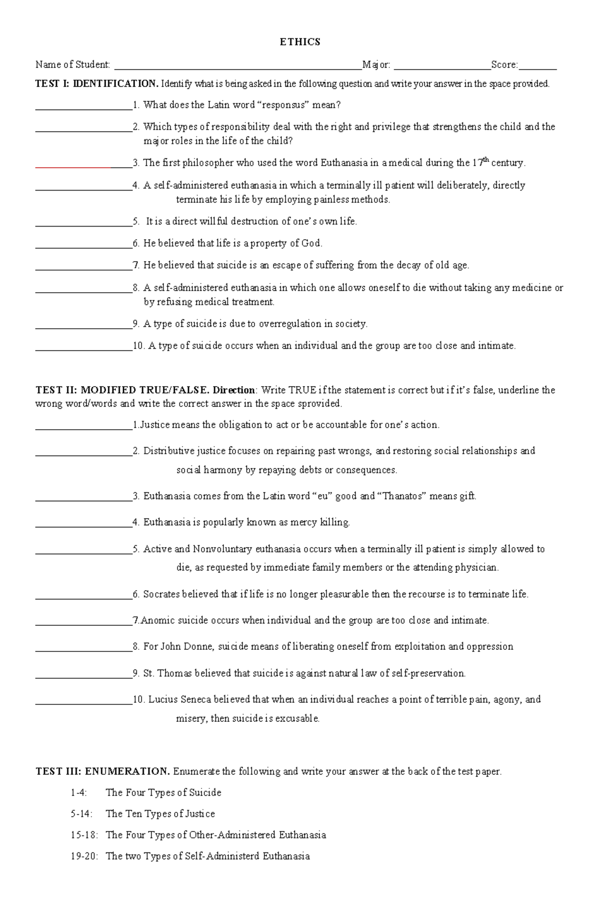 Semi final exam - Summary General Ethics - ETHICS Name of Student ...