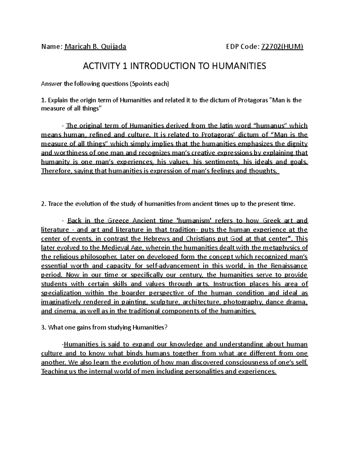 Activity 1 Introduction TO Humanities - Name: Maricah B. Quijada EDP ...