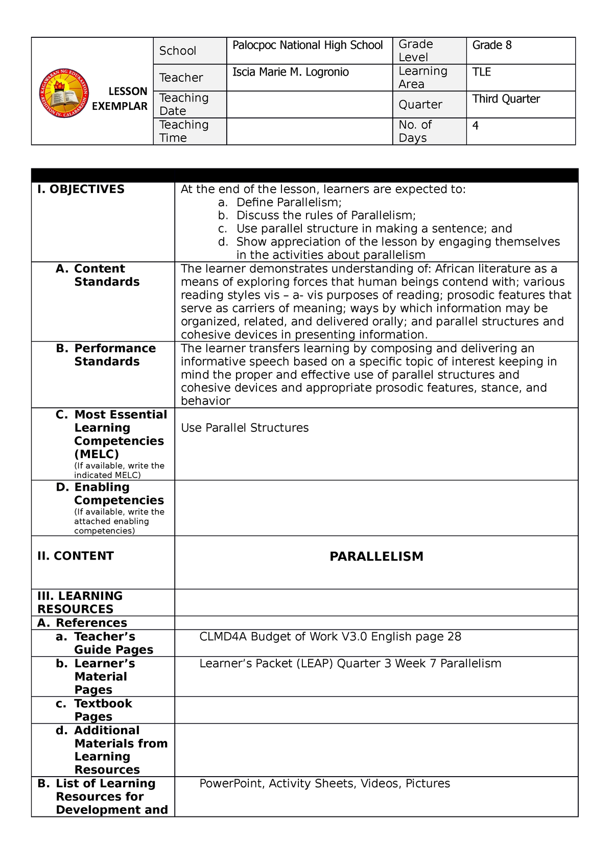 Parallelism - DLP COT 1 2022-2023 - LESSON EXEMPLAR School Palocpoc ...