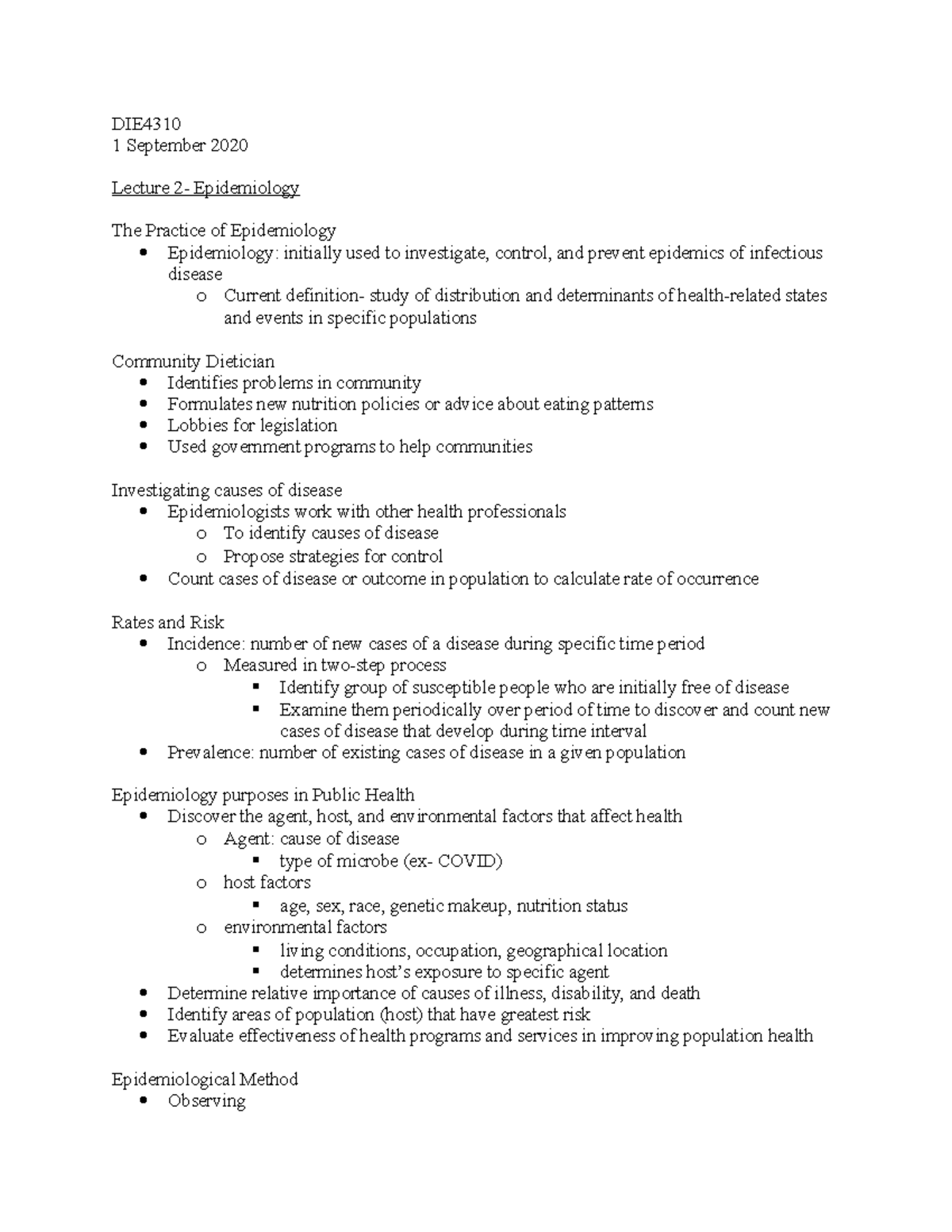 Epidemiology - Lecture notes 2 - DIE 1 September 2020 Lecture 2 ...