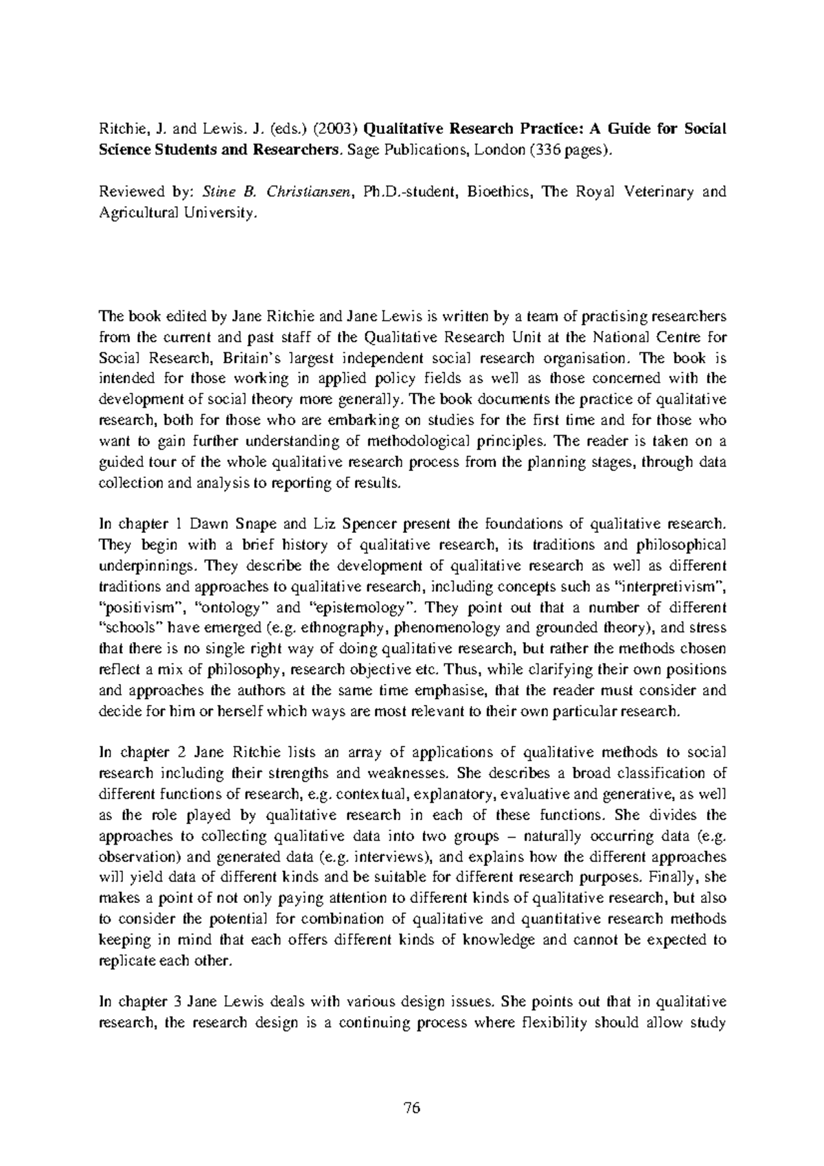 Summary Qualititave Research Methods, Ritchie & Lewis - Ritchie, J. and ...