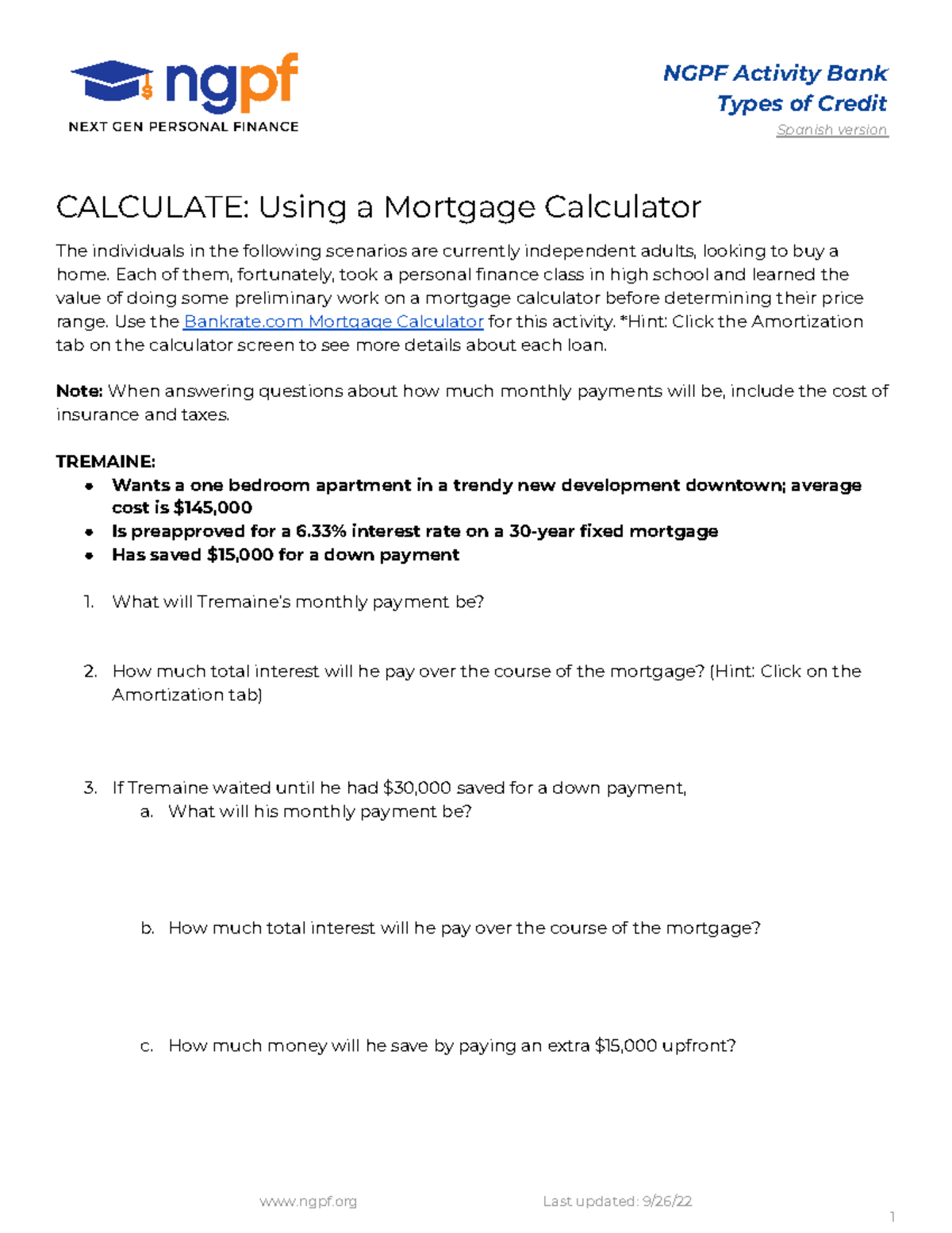 Copy of Calculate Using a Mortgage Calculator NGPF Activity Bank