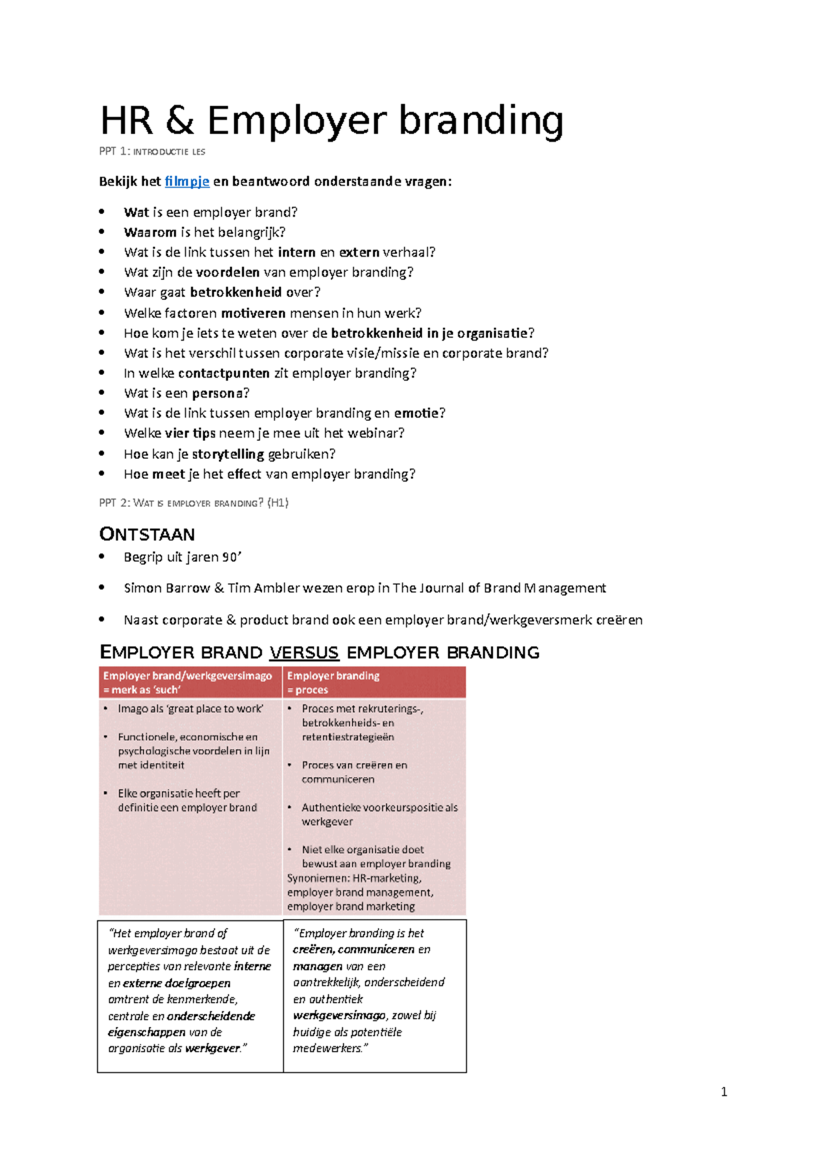 Samenvatting PPT + boek HR & Employer branding PPT 1 INTRODUCTIE