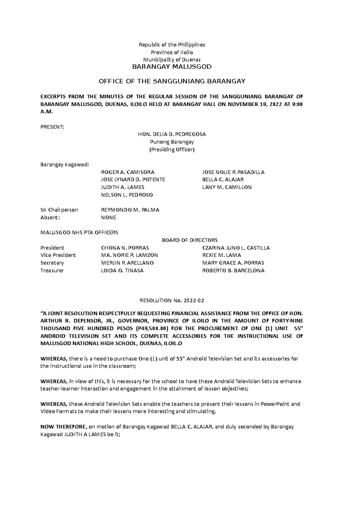 Joint Resolution PTA AND Barangay Republic of the Philippines