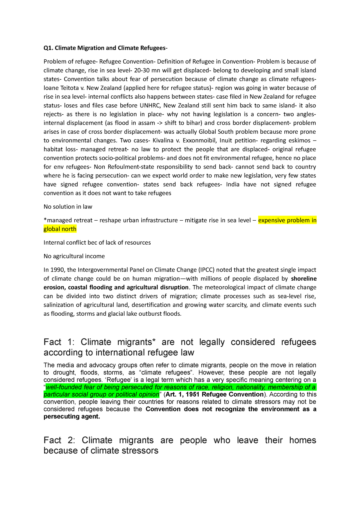 Env Law - End Sems - .... - Q1. Climate Migration And Climate Refugees ...