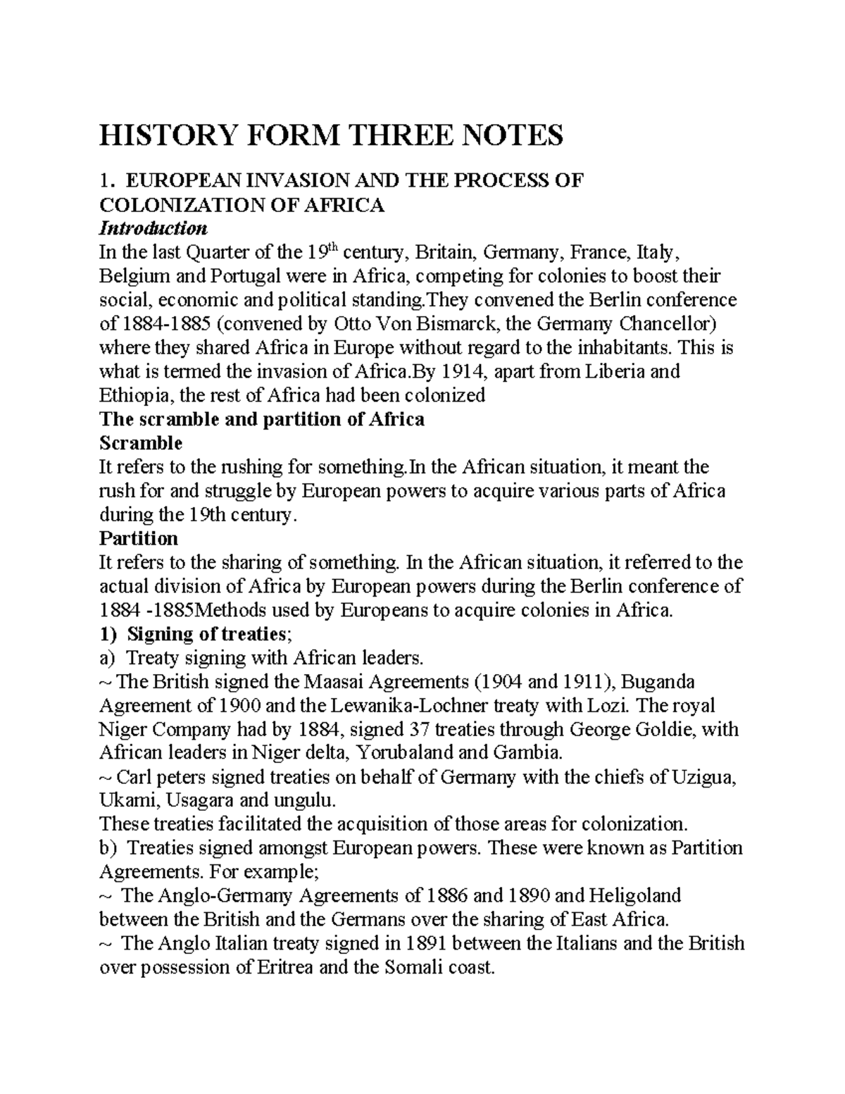 History FORM THREE - HISTORY FORM THREE NOTES 1. EUROPEAN INVASION AND ...