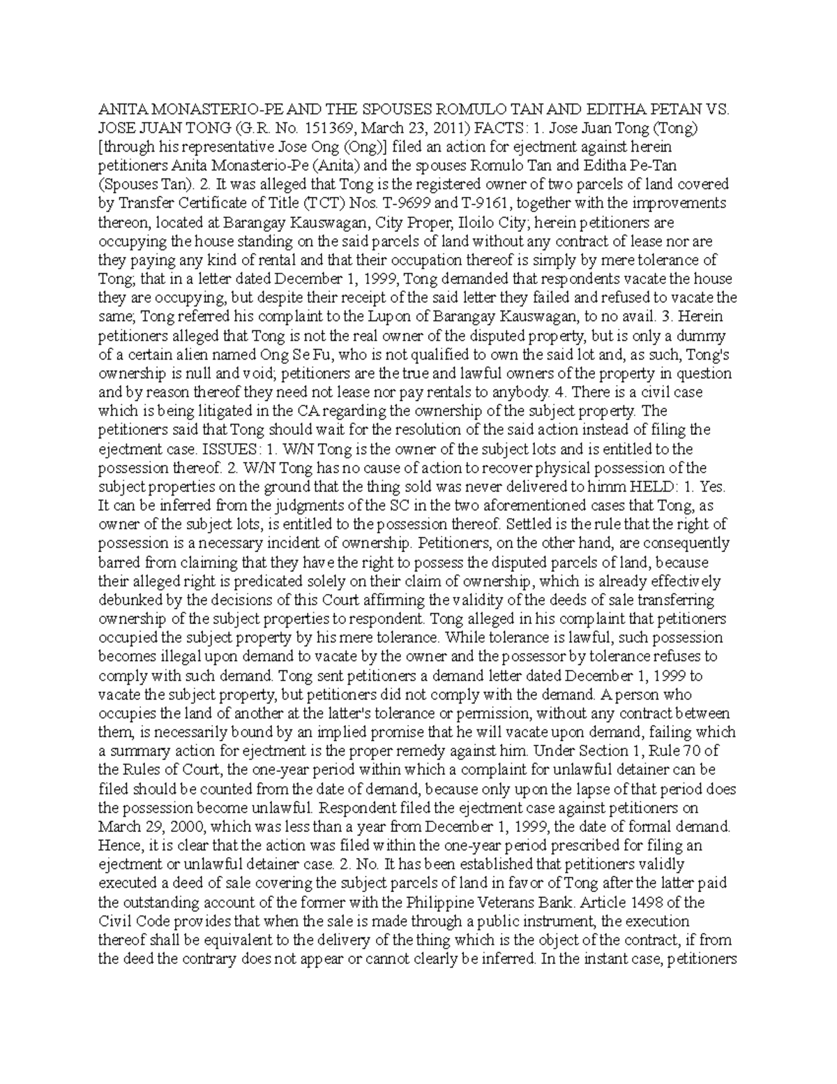 5th week - notes - ANITA MONASTERIO-PE AND THE SPOUSES ROMULO TAN AND ...