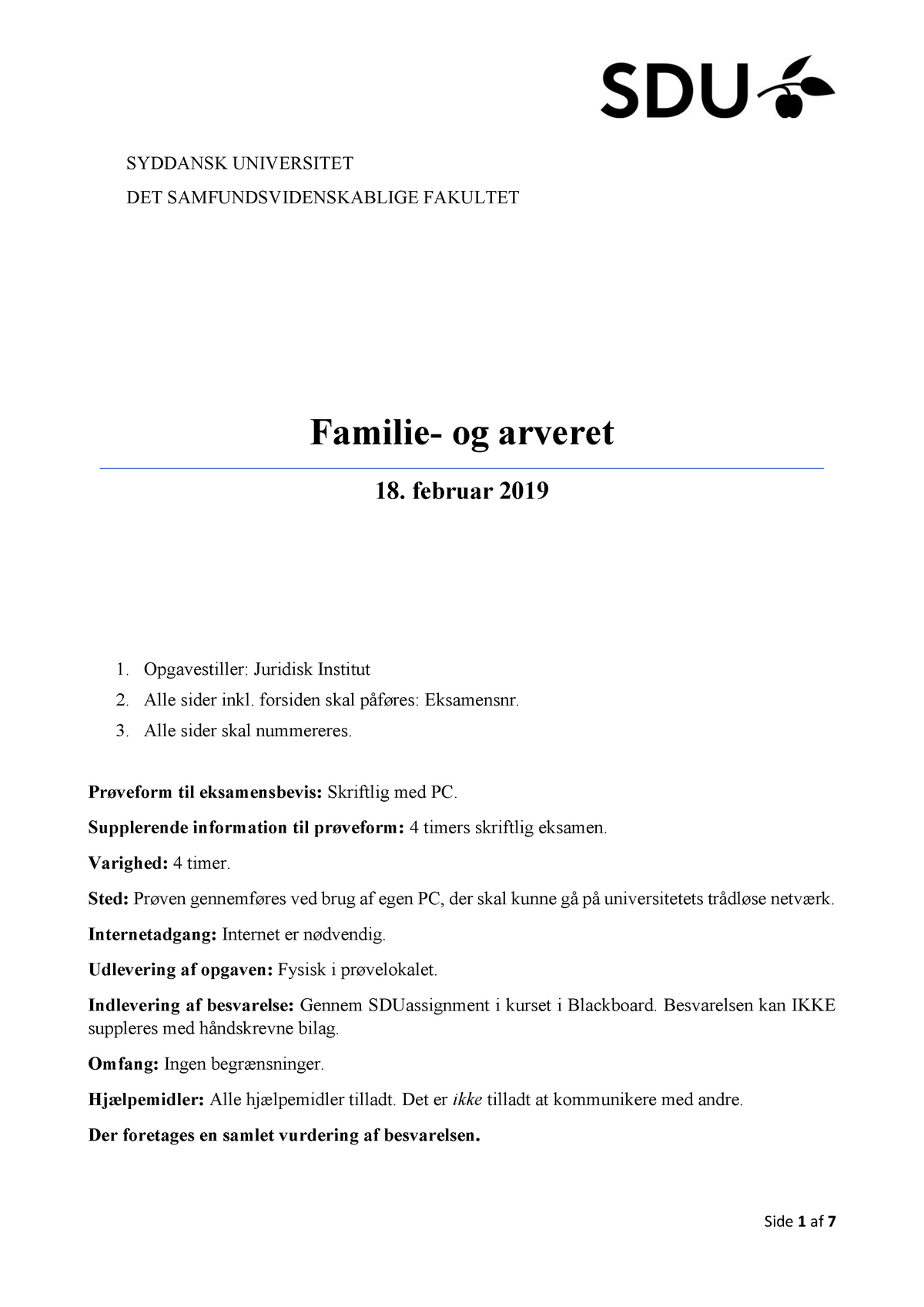 Eksamensopgave - Februar 2019 - Familie- Og Arveret - SDU - Studocu