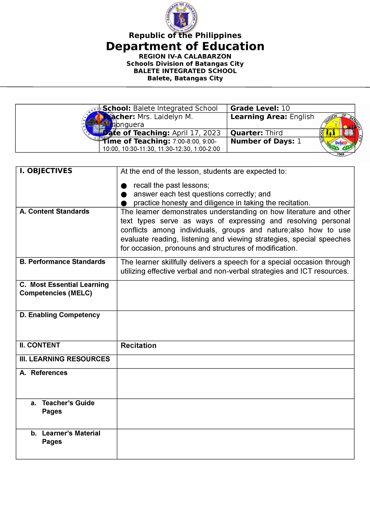 DLP April 17 - Department Of Education REGION IV-A CALABARZON Schools ...